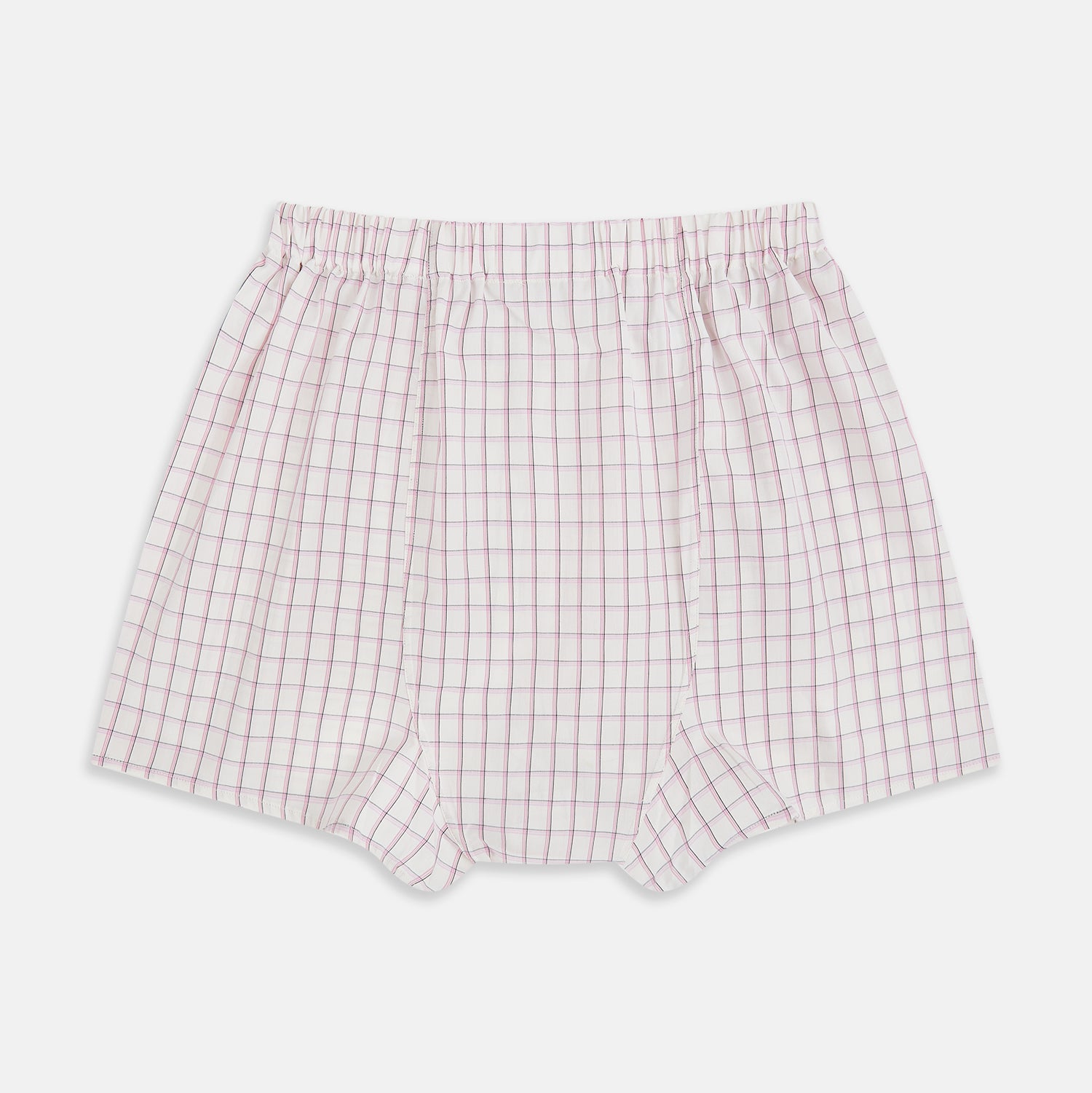 View 2 of product The Pink Graph Check Godfrey Boxer Shorts by Turnbull & Asser feature a comfortable waistband and thin pink grid lines on cotton. These luxury boxers are shown laid flat against a white background.