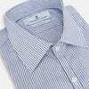 View 2 of product The Turnbull & Asser Navy and White Stripe Westminster Shirt features thin vertical stripes, a Turnbull collar, long sleeves, and classic British craftsmanship, shown flat on a white background.