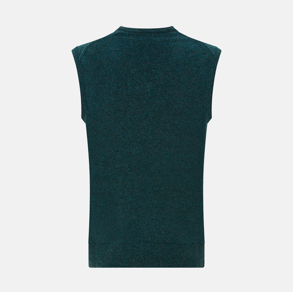 The Turnbull & Asser Forest Green Melange V-neck Cashmere Vest is a refined men’s knitwear piece, sleeveless with a classic V-neckline, shown here against a plain white background.