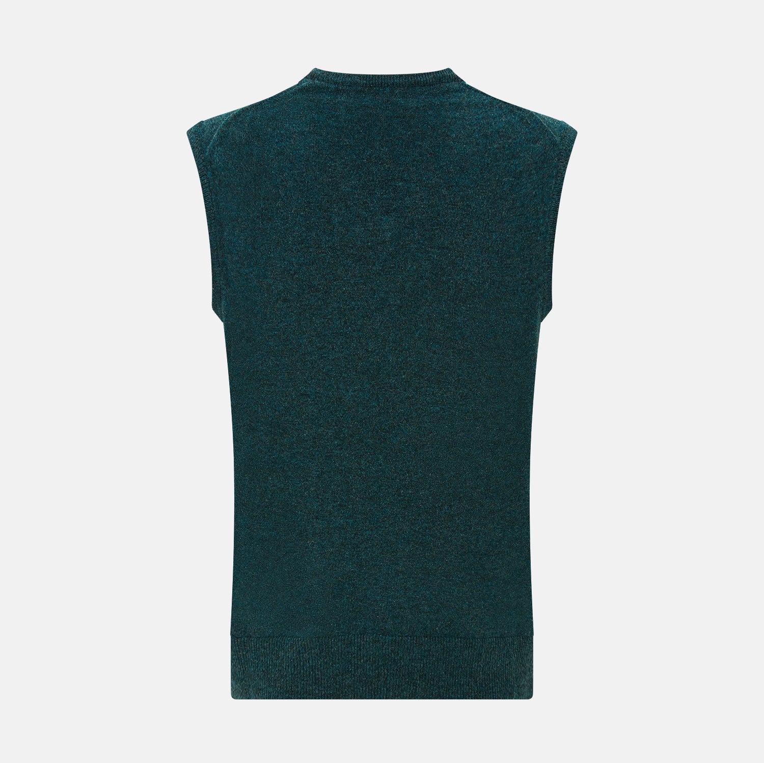 View 3 of product The Turnbull & Asser Forest Green Melange V-neck Cashmere Vest is a refined men’s knitwear piece, sleeveless with a classic V-neckline, shown here against a plain white background.