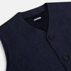 View 2 of product The Turnbull & Asser Navy Linen Twill Waistcoat is a sleeveless V-neck vest featuring two zippered side pockets and a chest pocket, shown on a plain white background.