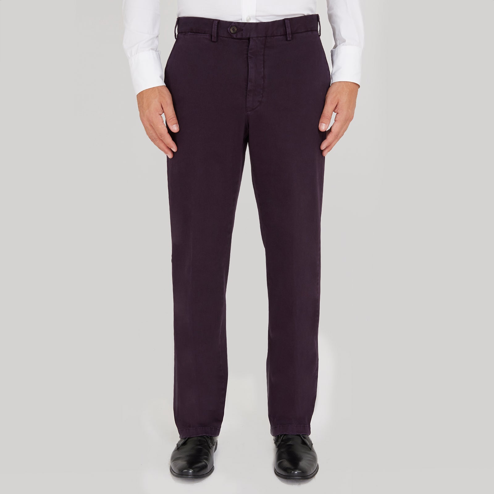 View 2 of product Turnbull & Asser Purple Cotton Trousers: slim-fit with button and zip closure, front and back pockets, shown on a white background.