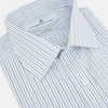 View 2 of product The Turnbull & Asser Navy and Blue Shadow Stripe Mayfair Shirt, featuring a classic T&A collar and buttoned cuffs, is laid flat on a white background.