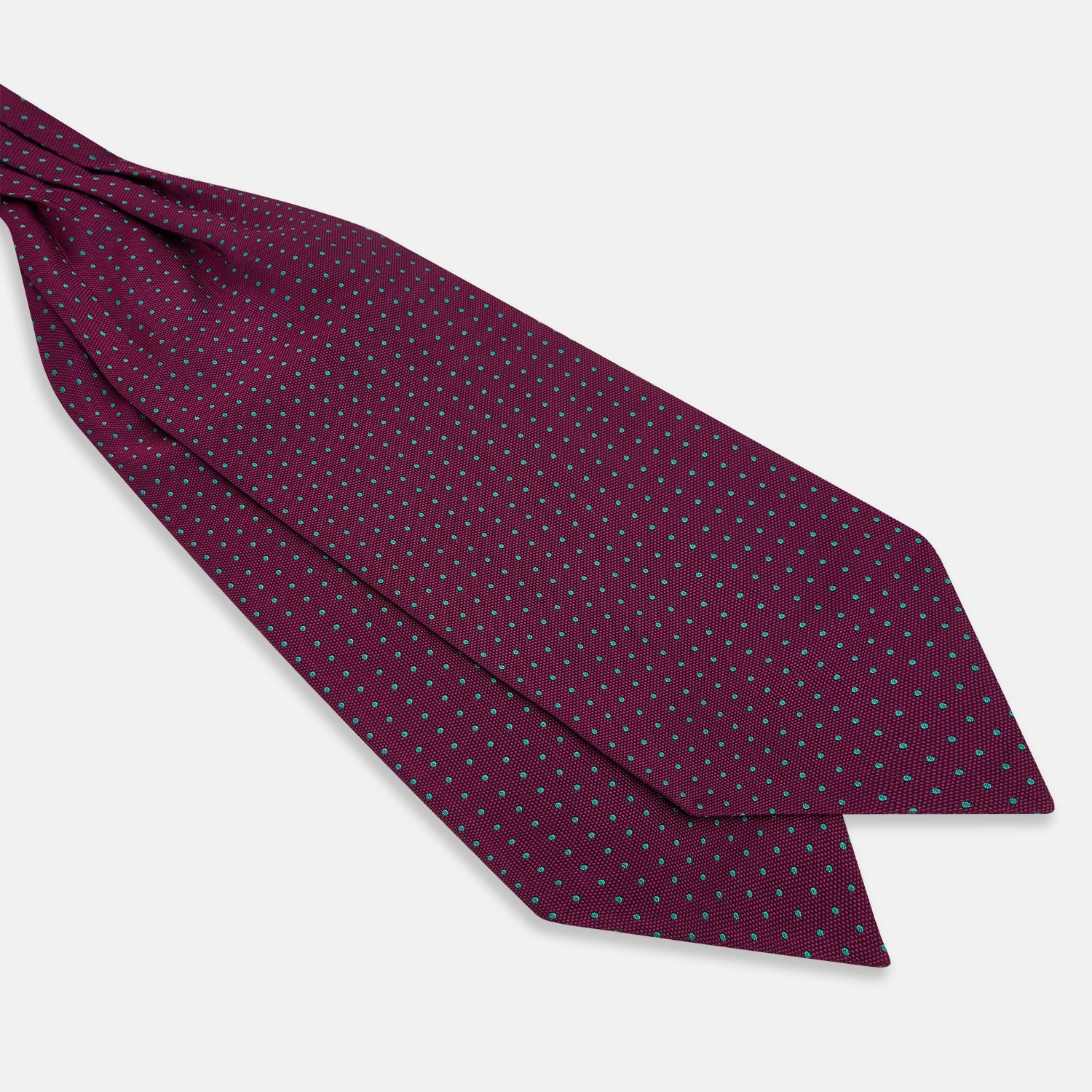 Image 2 of product A burgundy pocket square with turquoise polka dots, folded to a point—an ideal men's formal accessory to complement the Green Micro Dot and Magenta Silk Cravat by Turnbull & Asser.