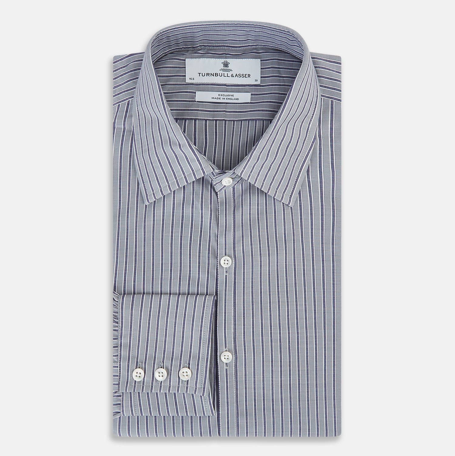 Image 5 of product The Turnbull & Asser Grey Ticking Stripe Westminster Shirt features thin vertical grey stripes and a classic collar, showcased against a plain white background.