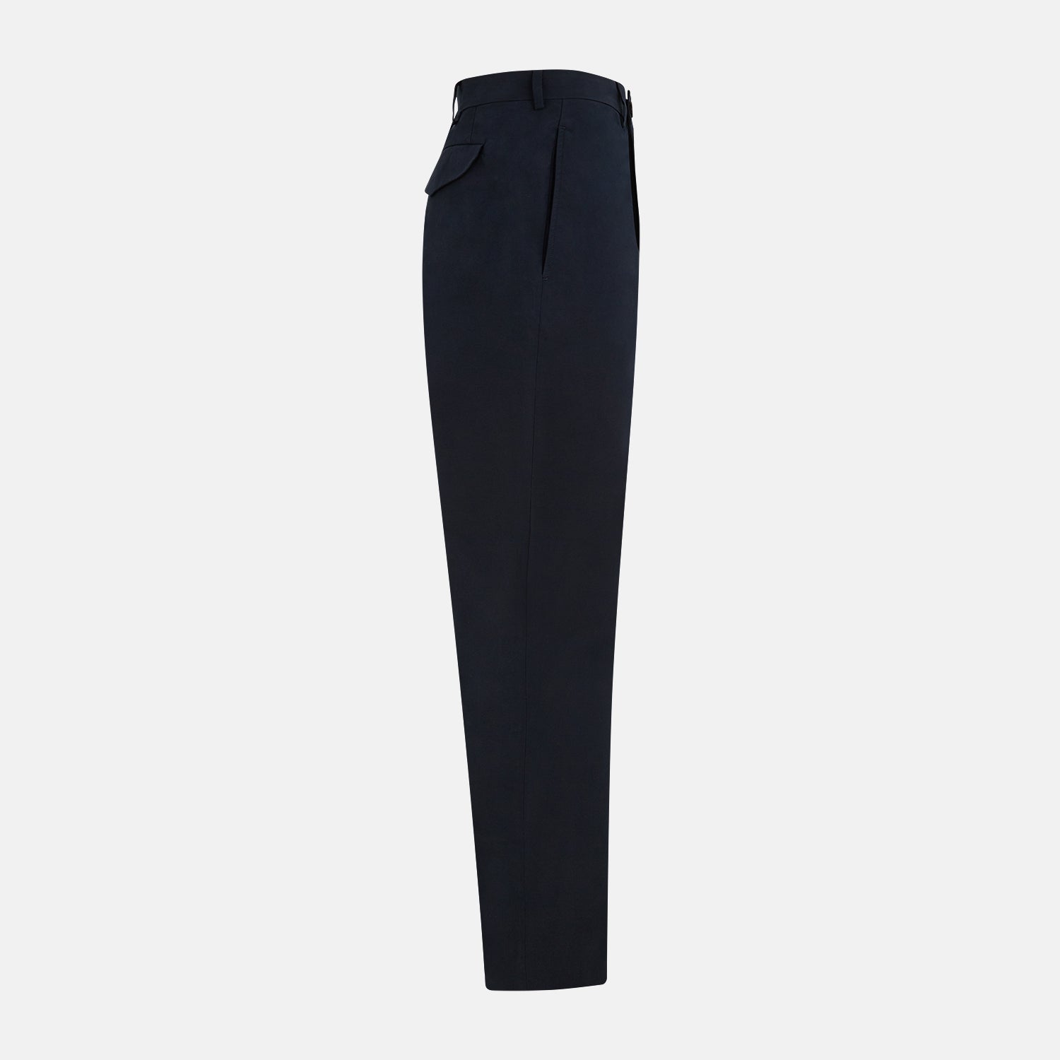 View 12 of product Turnbull & Asser’s Midnight Blue Winston Trousers, in high-twist cotton with belt loops and a button closure, are shown flat against a plain white background.