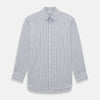 View 1 of product The Turnbull & Asser Navy Multi Stripe Mayfair Shirt, a pure cotton button-up with long sleeves and a collar, features thin vertical blue and white stripes and is displayed flat on a white background.