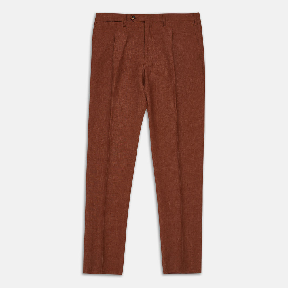 Turnbull & Asser’s Rust Linen-Wool-Silk Gerry Trousers, in a classic fit with straight legs, pleats, belt loops, and front button-zip closure, are neatly displayed flat on a white background.