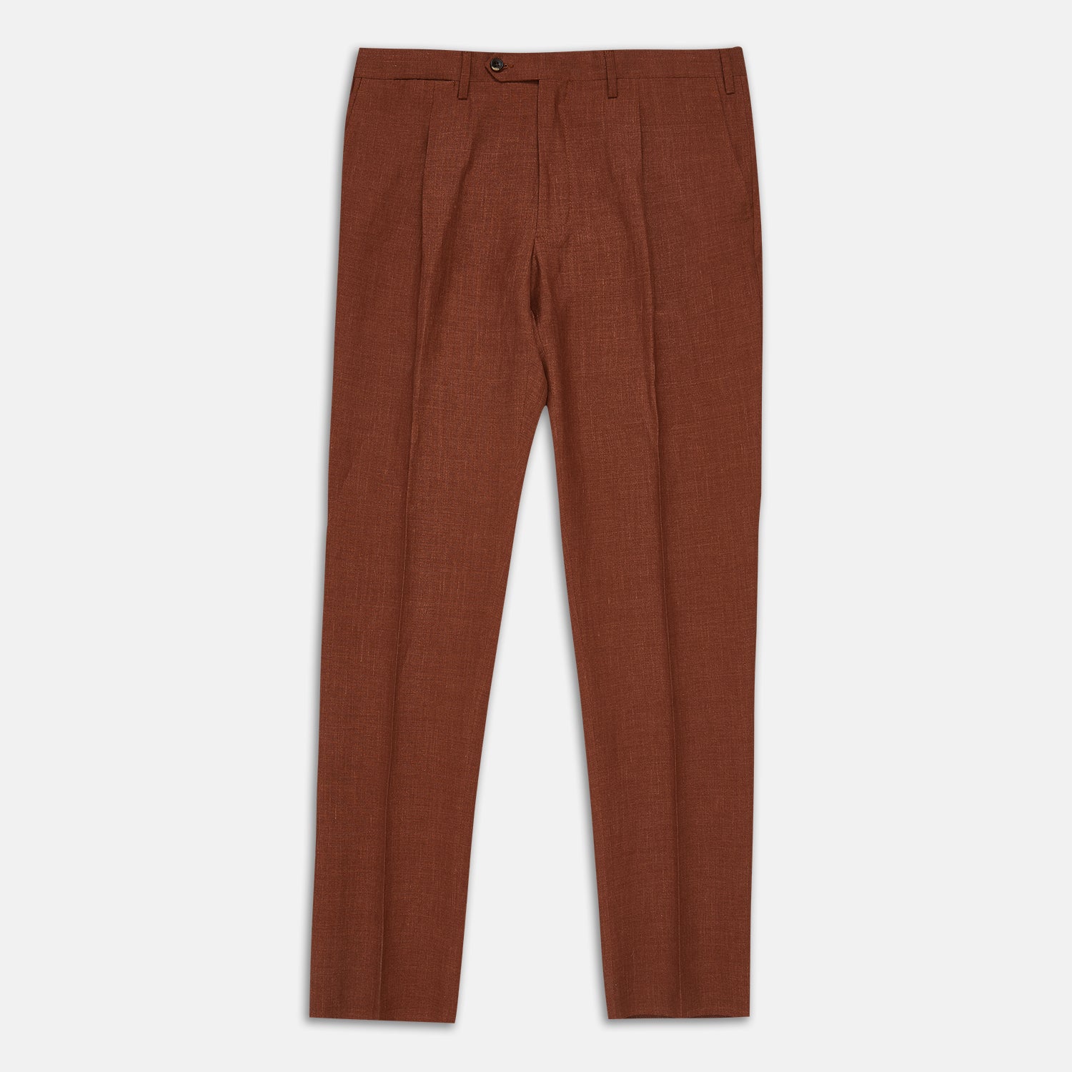 View 1 of product Turnbull & Asser’s Rust Linen-Wool-Silk Gerry Trousers, in a classic fit with straight legs, pleats, belt loops, and front button-zip closure, are neatly displayed flat on a white background.