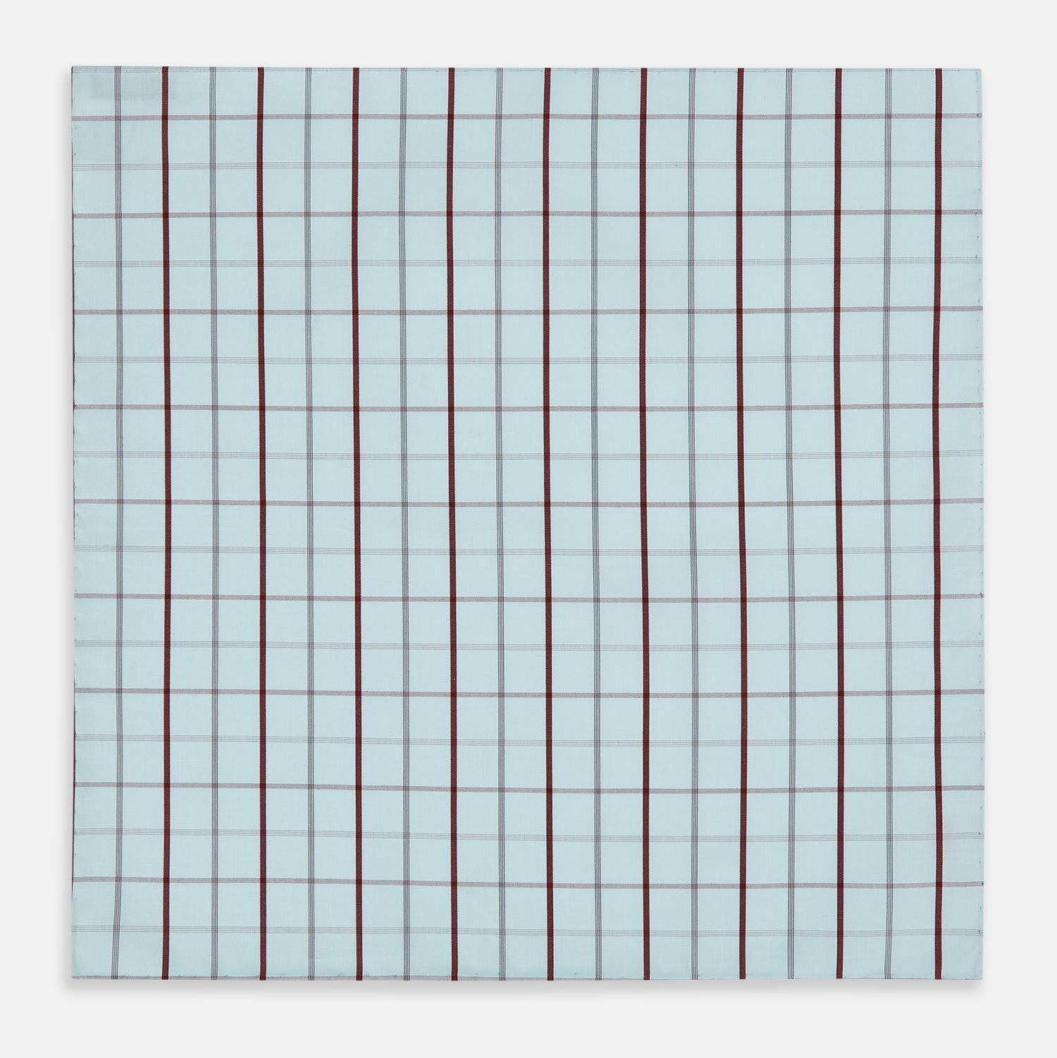 Image 3 of product The Turnbull & Asser Burgundy Combination Check Hand-Rolled Handkerchief, featuring a light blue plaid with thin gray lines and bold dark red stripes, is displayed flat against a white background.