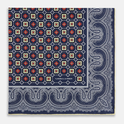 Dark Navy Floral Tile and Paisley Silk Pocket Square Image 7