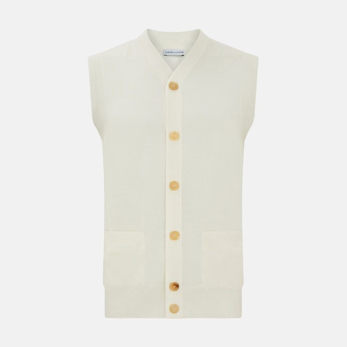 Ecru Fine Merino V-Neck Sleeveless Cardigan