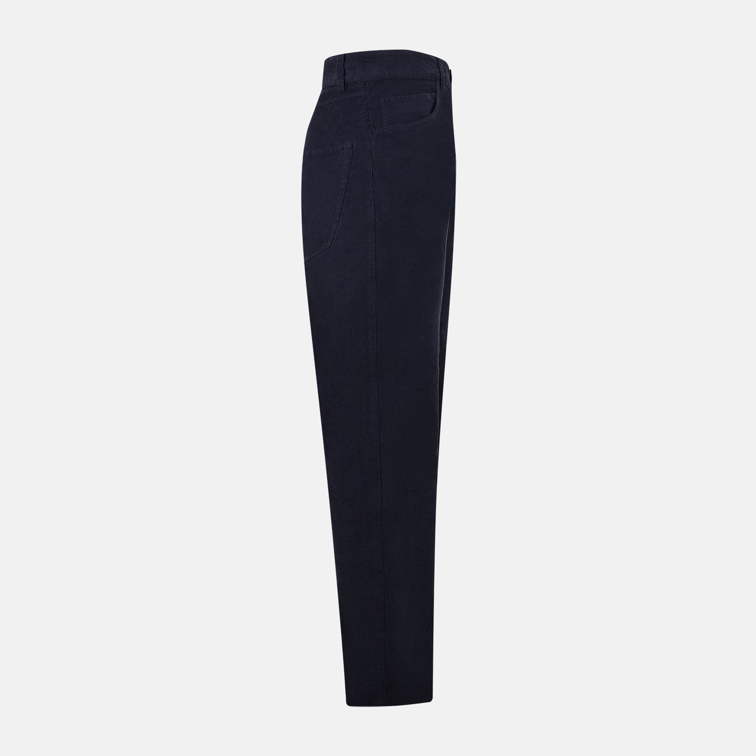 Image 4 of product The Turnbull & Asser Light Navy Corduroy Charles Trousers feature a straight-leg fit, stretch cotton, belt loops, front pockets, and a button-zip closure—highlighting British tailoring against a white background.