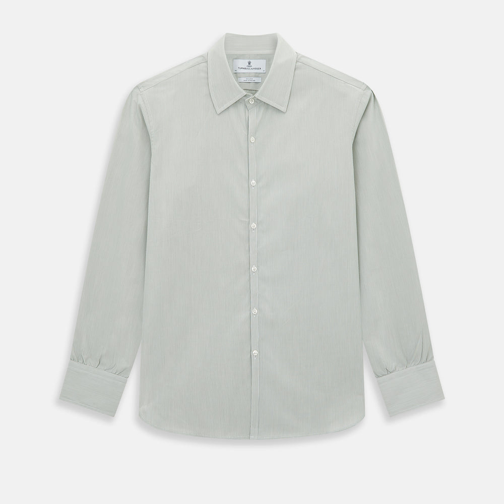 A dark green hairline stripe Westminster shirt by Turnbull & Asser, featuring long sleeves, a classic collar, tailored fit, white front buttons, and buttoned cuffs, laid flat on a white background.