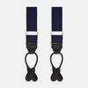 View 1 of product Turnbull & Asser Navy Silk Braces laid flat on a white background, featuring black leather loops, silver hardware, and an adjustable design.