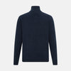 View 3 of product The Turnbull & Asser Navy Melange Half-Zip Cashmere Jumper features long sleeves, a high collar, and a half-zip front, showcased on a plain white background.