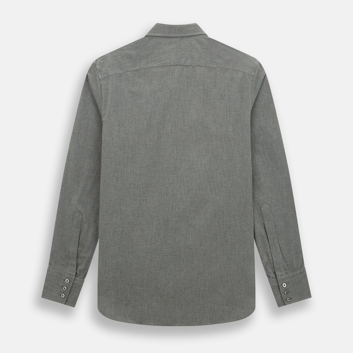 View 3 of product The Pale Charcoal Westminster Shirt by Turnbull & Asser features British craftsmanship with a tailored silhouette, long sleeves, pointed collar, buttoned cuffs, and a solid pale charcoal hue, elegantly shown against a white background.