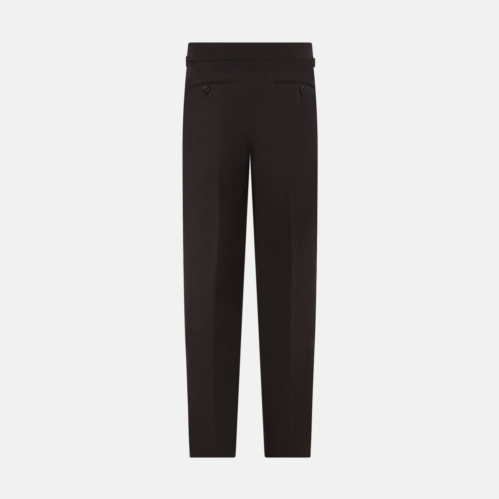 A pair of brown linen Henry trousers by Turnbull & Asser with a straight-leg cut and button waistband, ideal for formalwear, displayed against a plain white background.