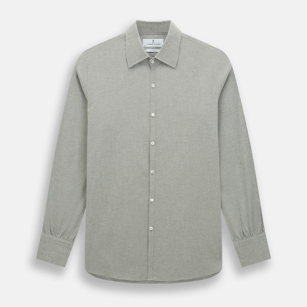 The Grey Westminster Shirt by Turnbull & Asser features a classic collar and white buttons, expertly crafted in Britain. This long-sleeve button-up is shown against a plain white background.