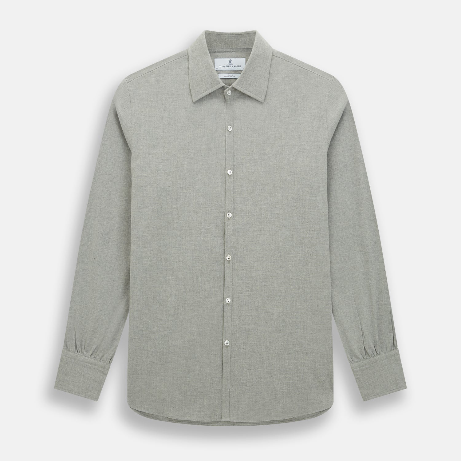 View 1 of product The Grey Westminster Shirt by Turnbull & Asser features a classic collar and white buttons, expertly crafted in Britain. This long-sleeve button-up is shown against a plain white background.