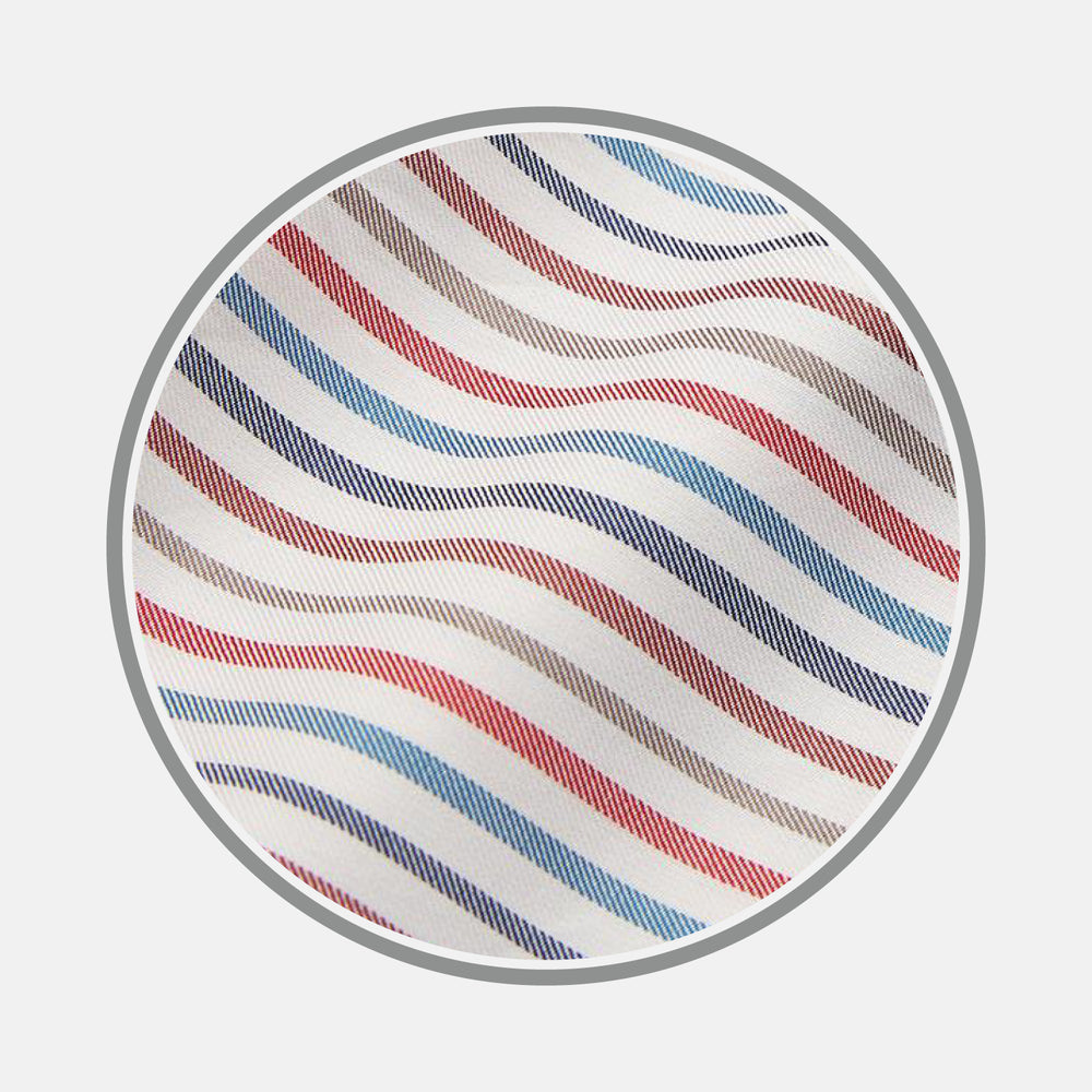 Close-up of Turnbull & Asser’s Burgundy Multi Stripe Cotton Fabric, featuring undulating red, blue, and beige wavy lines on a white background inside a gray circular border.