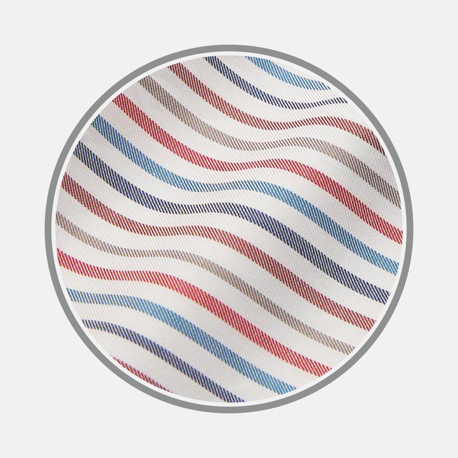 View 1 of product Close-up of Turnbull & Asser’s Burgundy Multi Stripe Cotton Fabric, featuring undulating red, blue, and beige wavy lines on a white background inside a gray circular border.