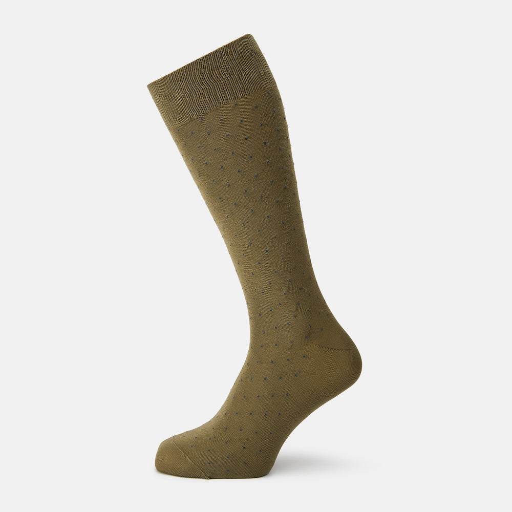A single Khaki and Navy Polka Dot Cotton Mid-length Sock by Turnbull & Asser, made in England, is displayed upright on a plain white background.