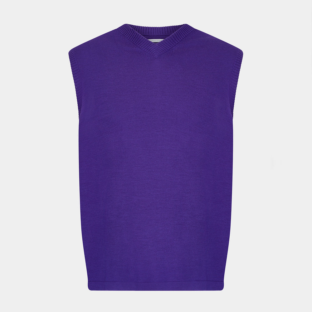 The Turnbull & Asser Purple Fine Merino V-Neck Vest is a sleeveless gentleman’s sweater with a ribbed collar, shown against a plain white background.