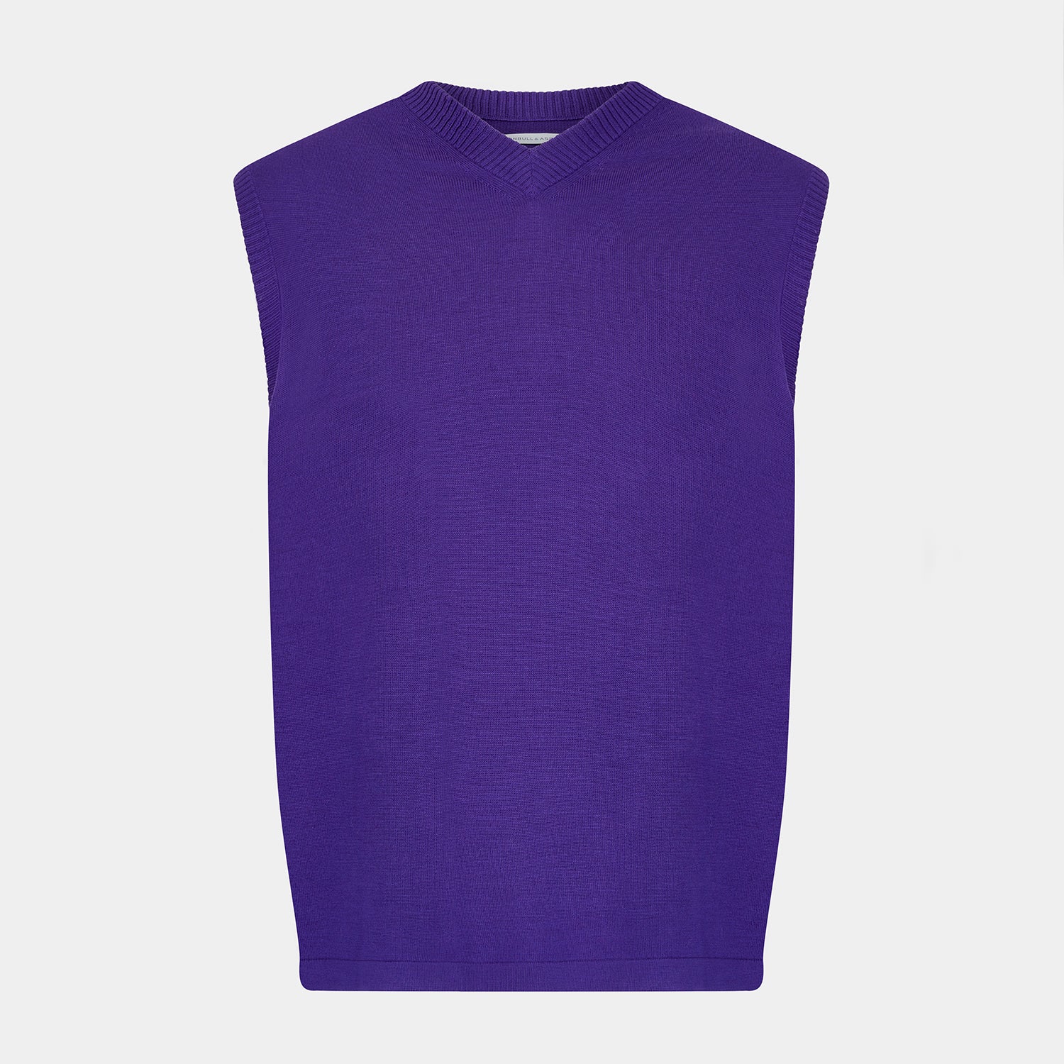 View 1 of product The Turnbull & Asser Purple Fine Merino V-Neck Vest is a sleeveless gentleman’s sweater with a ribbed collar, shown against a plain white background.
