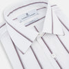 View 2 of product A Burgundy Track Stripe Mayfair Shirt by Turnbull & Asser, featuring long sleeves, vertical stripes, a classic collar, and crafted from premium Italian cotton, is displayed flat on a light background.