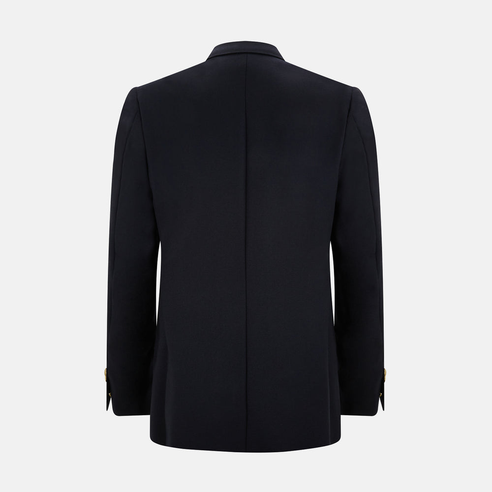 The Turnbull & Asser Short Navy Double Breasted Classic Blazer, featuring gold buttons, peaked lapels, and two front flap pockets, is displayed on a plain white background.