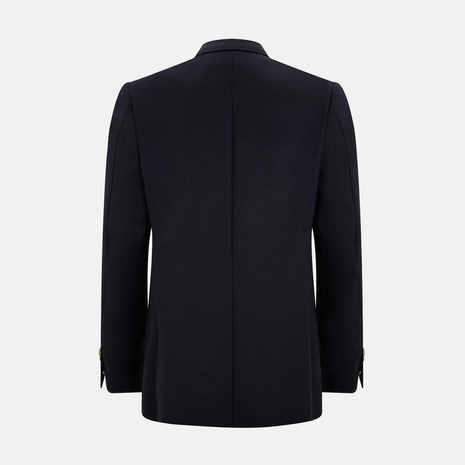 View 3 of product The Turnbull & Asser Short Navy Double Breasted Classic Blazer, featuring gold buttons, peaked lapels, and two front flap pockets, is displayed on a plain white background.