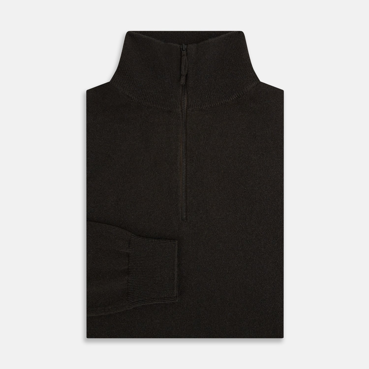 View 4 of product The Turnbull & Asser Brown Half-Zip Cashmere Jumper features a plain, long-sleeve design with a high collar and quarter-zip neckline, showcased against a white background.