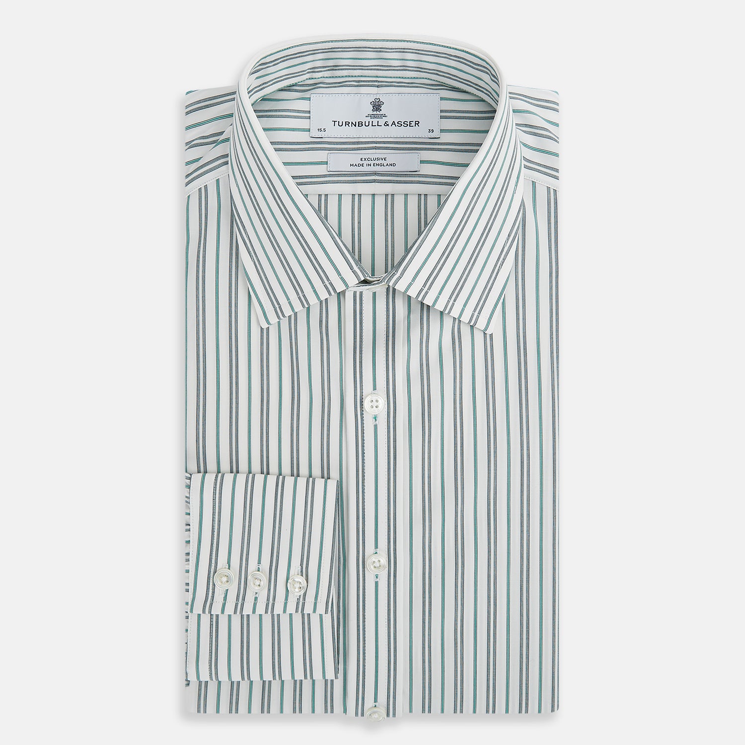 View 5 of product The Forest Green Multi Stripe Mayfair Shirt by Turnbull & Asser features forest green and white vertical stripes, a collar and cuffs, and is crafted from Italian cotton, shown laid flat on a white background.