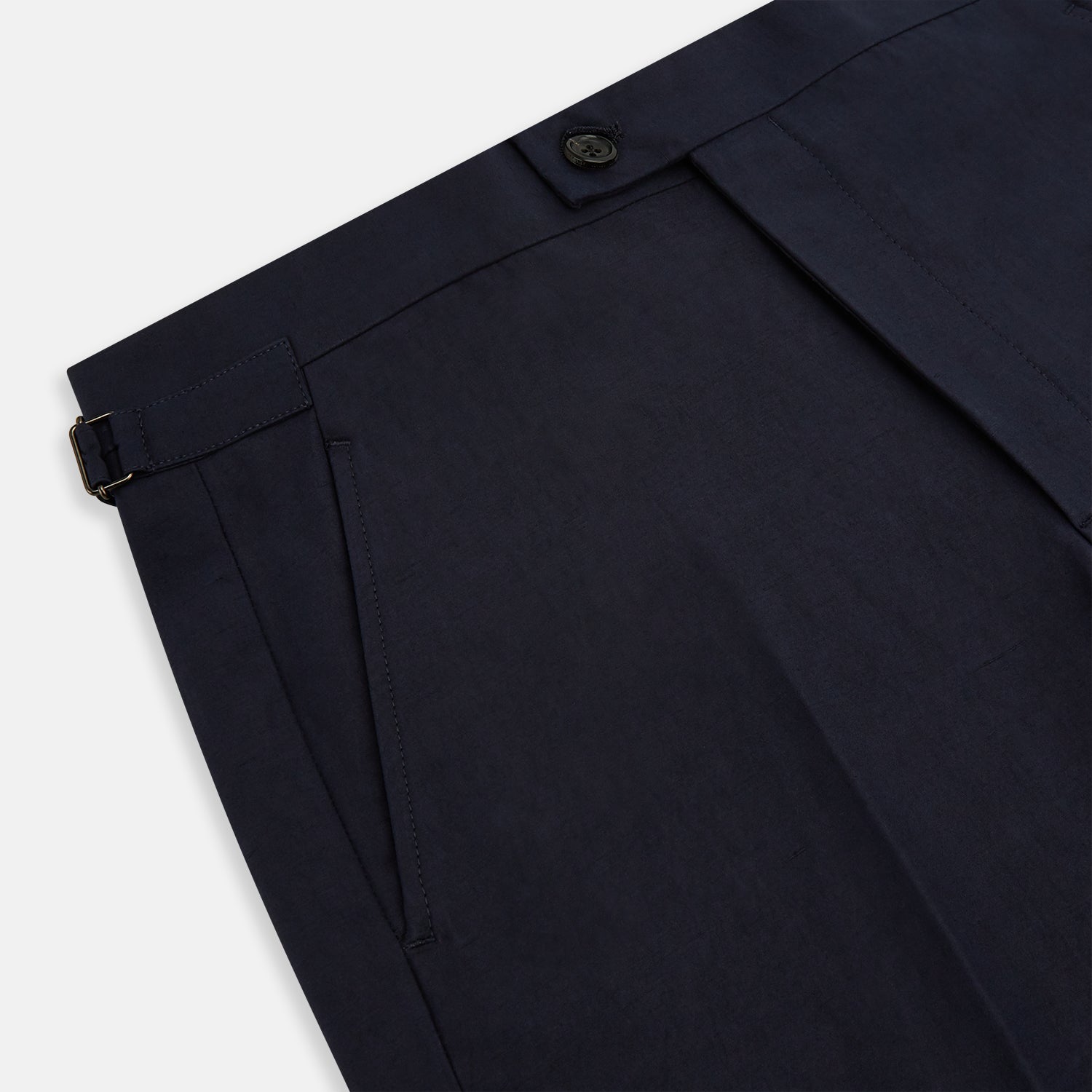 View 2 of product Turnbull & Asser Navy Linen Henry Trousers feature a button closure and pressed front creases, ideal as formal navy trousers, and are shown against a plain white background.