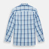 View 3 of product The Turnbull & Asser Blue Multi Check Pyjama Shirt features a blue and white check pattern, long sleeves, and a collar—an elegant loungewear option perfect for nightwear.