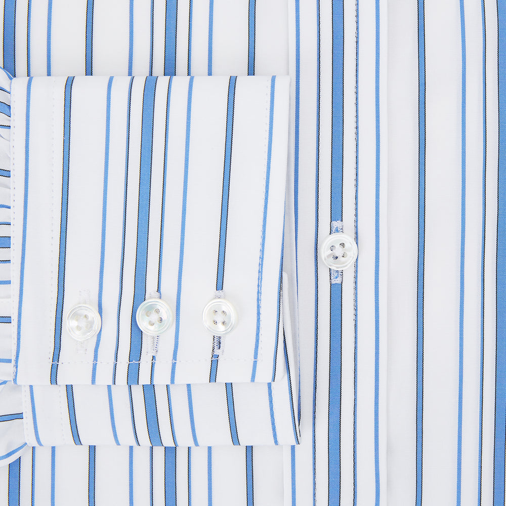 The Turnbull & Asser Blue Multi Stripe Mayfair Shirt features a T&A collar, vertical blue and white stripes, long sleeves, and a crisp Mayfair fit for a refined look.