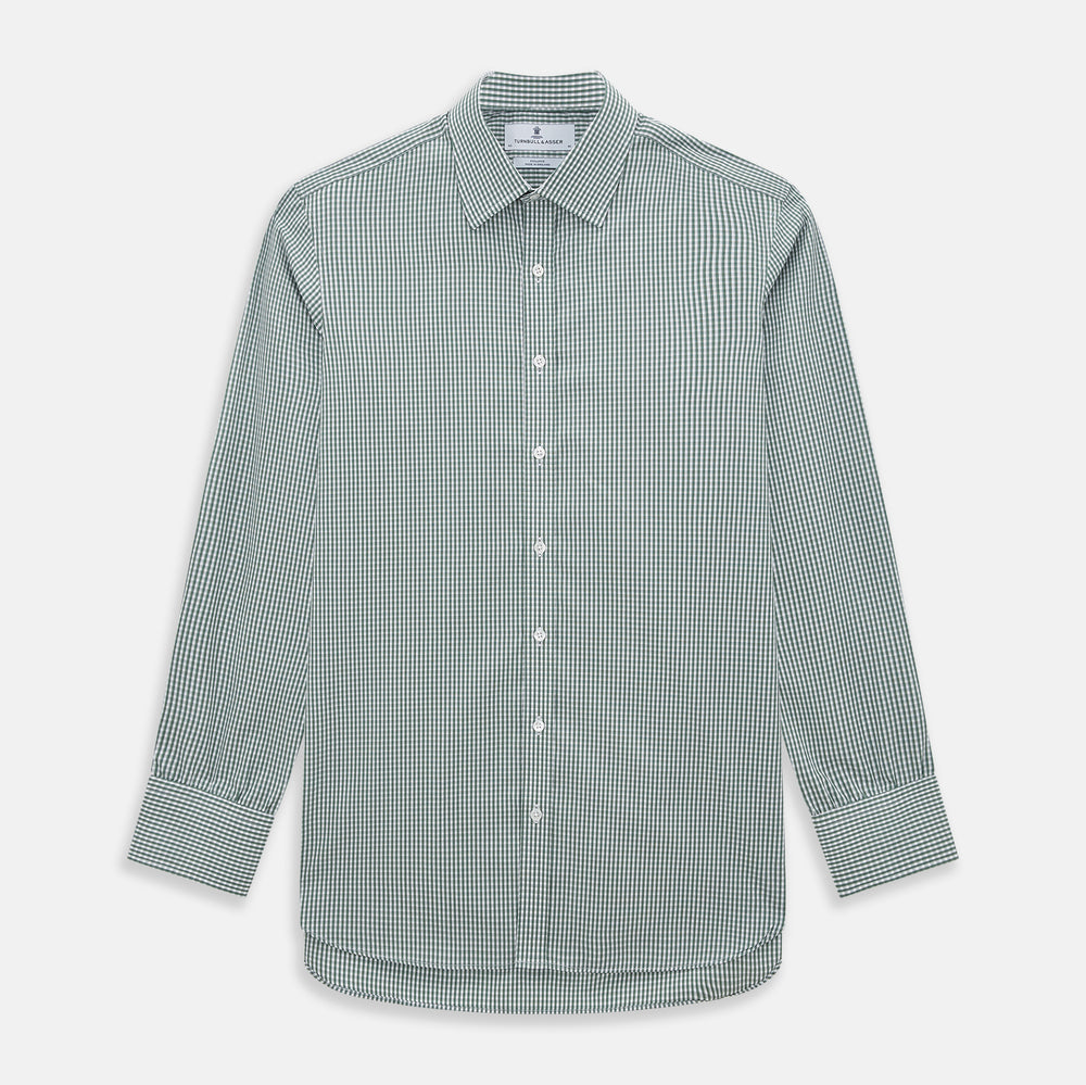 The Turnbull & Asser Green Fine Check Mayfair Shirt, crafted from fine Italian cotton with a pointed collar and buttoned cuffs, is shown laid flat on a white background.