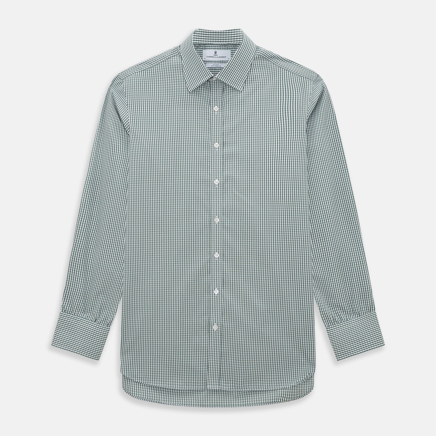 View 1 of product The Turnbull & Asser Green Fine Check Mayfair Shirt, crafted from fine Italian cotton with a pointed collar and buttoned cuffs, is shown laid flat on a white background.