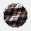 View 1 of product A close-up of Turnbull & Asser's Black and Red Check Linen Blend Fabric shows softly wrinkled plaid with black, white, and red intersecting stripes in a checkered pattern, framed by a circular gray border.