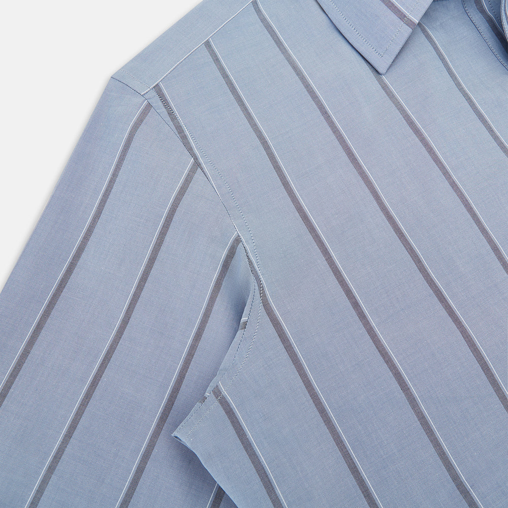 The Steel Blue Track Stripe Westminster Shirt by Turnbull & Asser features dark pinstripes, a classic collar, white buttons, and buttoned cuffs—expertly crafted to highlight British craftsmanship. Laid flat on white background.