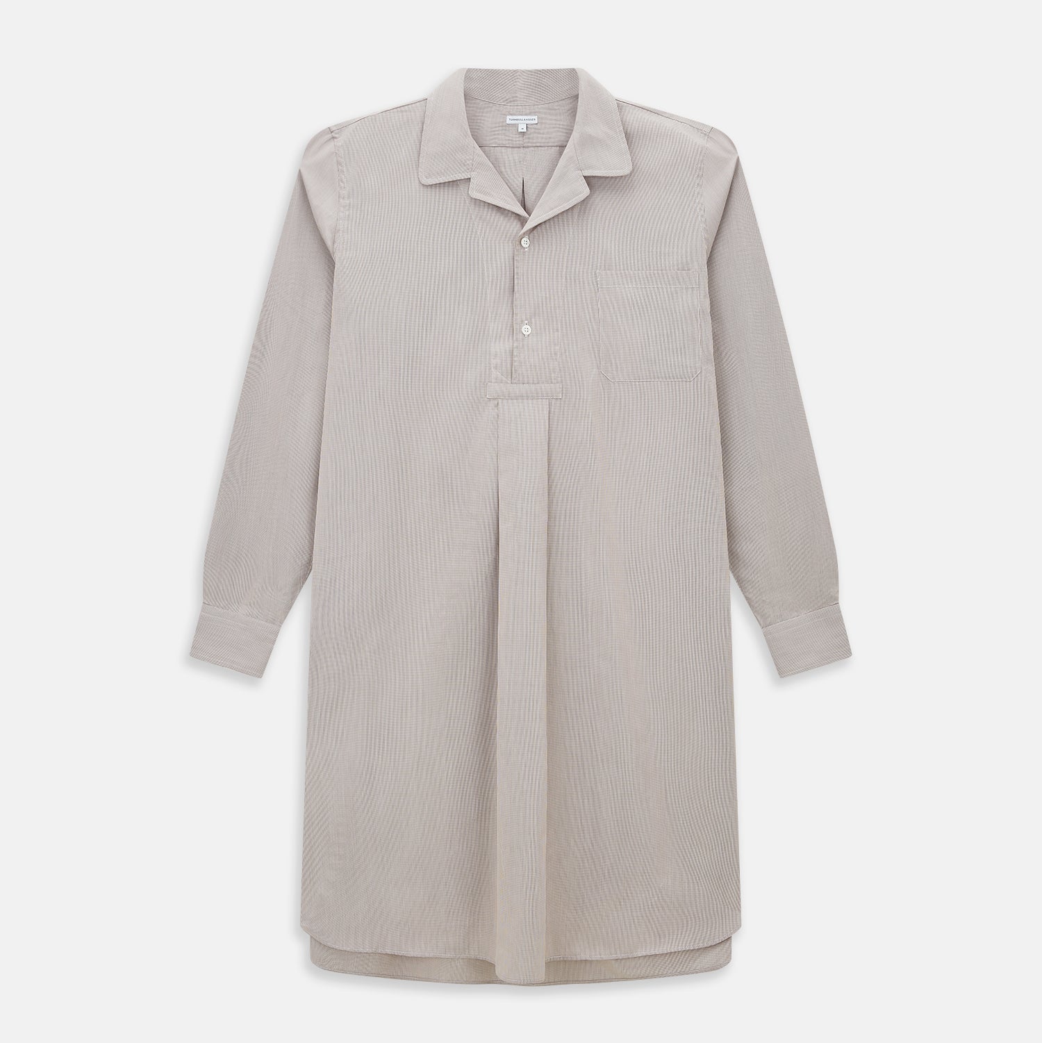 View 1 of product The Turnbull & Asser Brown Micro Check Quarzo Nightshirt is a long-sleeve shirt dress inspired by classic sleepwear, featuring a collar, chest pocket, upper front buttons, and a subtle micro check pattern on a white background.