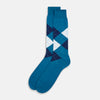View 2 of product The Turnbull & Asser Azzurro Check Mid-Length Socks feature a classic argyle pattern in navy, white, and dark teal on teal cotton, with ribbed tops for a polished look and added comfort.