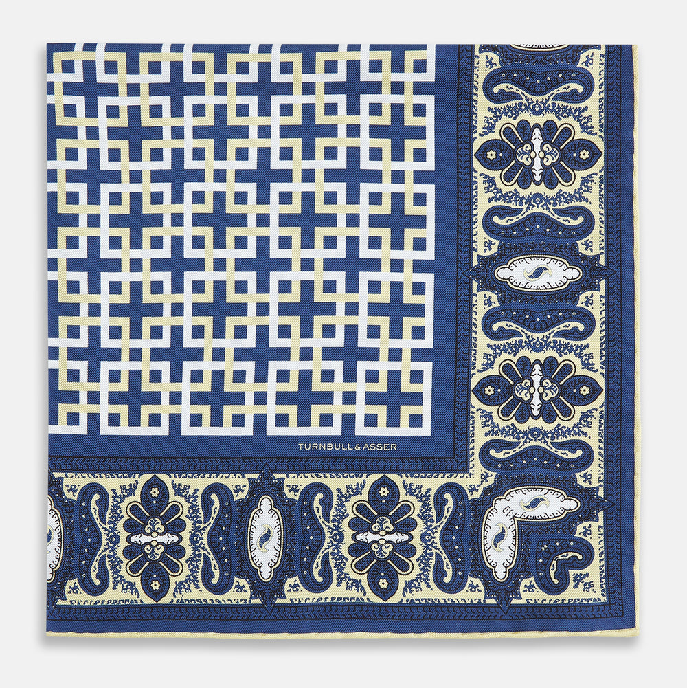 Azzurro Square-Patterned and Paisley Patterned Silk Pocket Square
