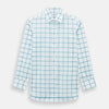 View 1 of product The Turnbull & Asser Turquoise Grid Check Mayfair Shirt is crafted from Italian cotton with a white base and turquoise grid pattern, featuring long sleeves, a pointed collar, and buttoned cuffs.