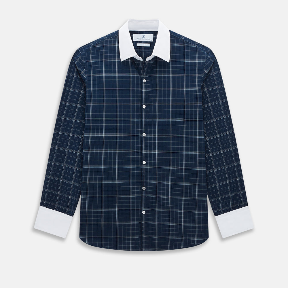 The Turnbull & Asser Indigo Windowpane Check Windsor Shirt features a contrast T&A collar and cuffs, highlighting British craftsmanship. It is displayed flat on a white background.