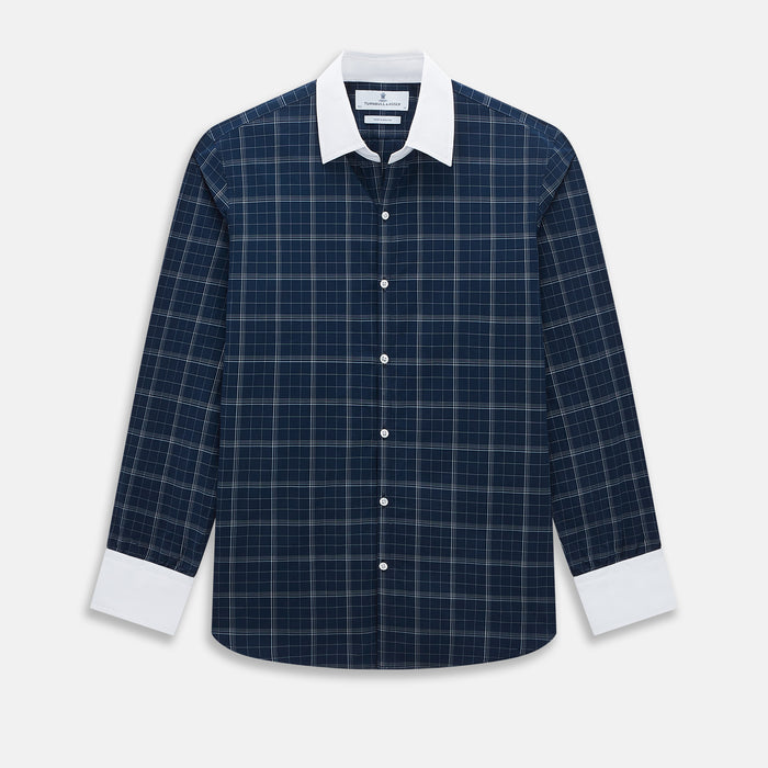 Indigo Windowpane Check Windsor Shirt with Constrast T&A Collar and Cuffs