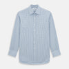 View 1 of product The Turnbull & Asser Blue Micro Shadow Check Mayfair Shirt features a long-sleeve, button-up design with a small blue and white check pattern, pointed T&A collar, and classic cuffs.