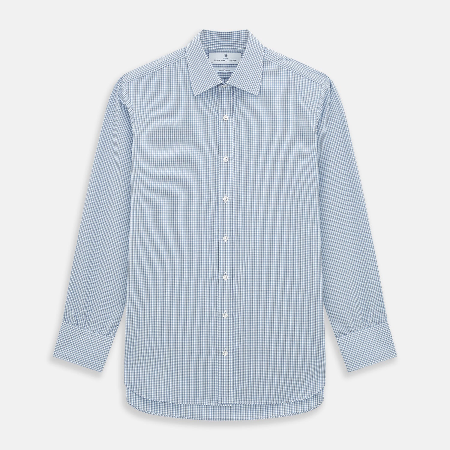 View 1 of product The Turnbull & Asser Blue Micro Shadow Check Mayfair Shirt features a long-sleeve, button-up design with a small blue and white check pattern, pointed T&A collar, and classic cuffs.