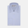 View 2 of product A circular swatch of Turnbull & Asser’s Light Blue Fine Check Cotton Fabric, featuring a fine vertical white grid on light blue, is bordered by a thin gray outline and shown against a plain white background.